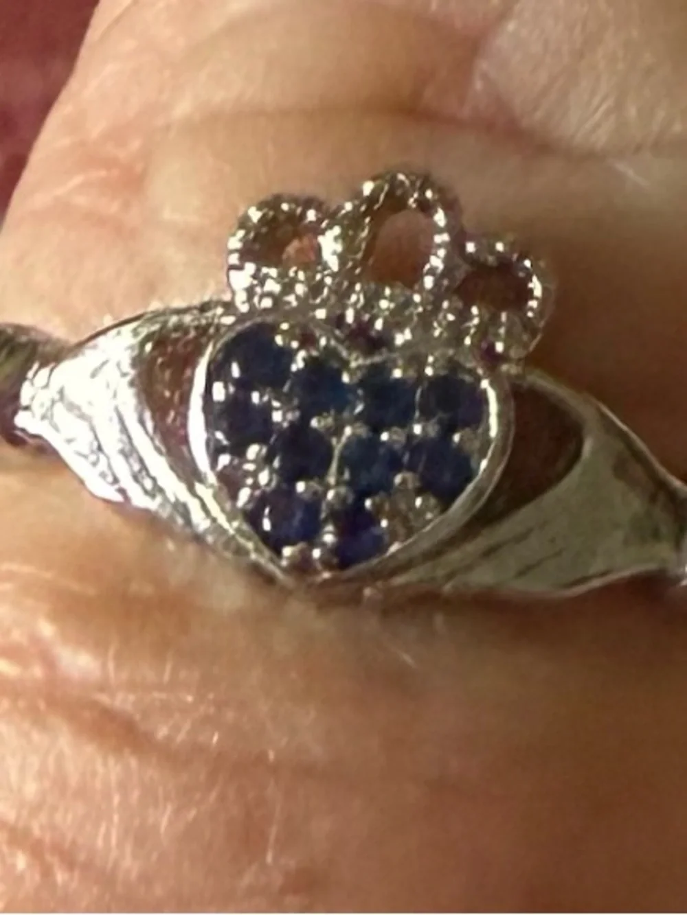 Silver Heart Ring with Blue Stones and Crown Accent